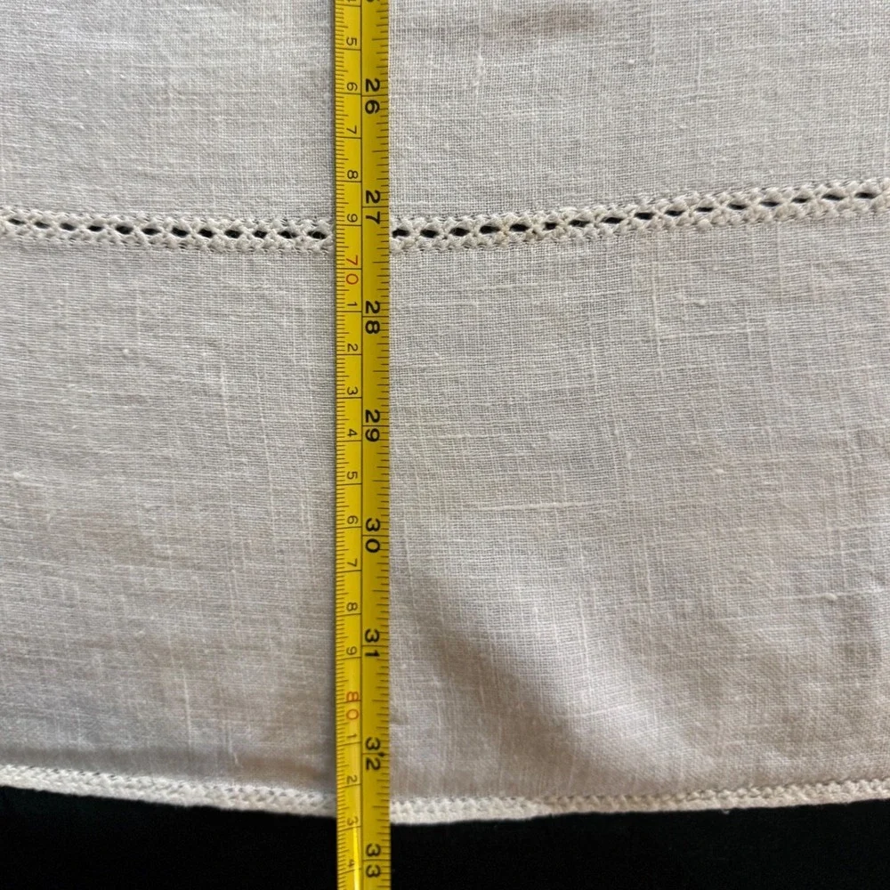 Vintage Off White Linen Square Tablecloth Embroidered Cutwork 33x33 inch
